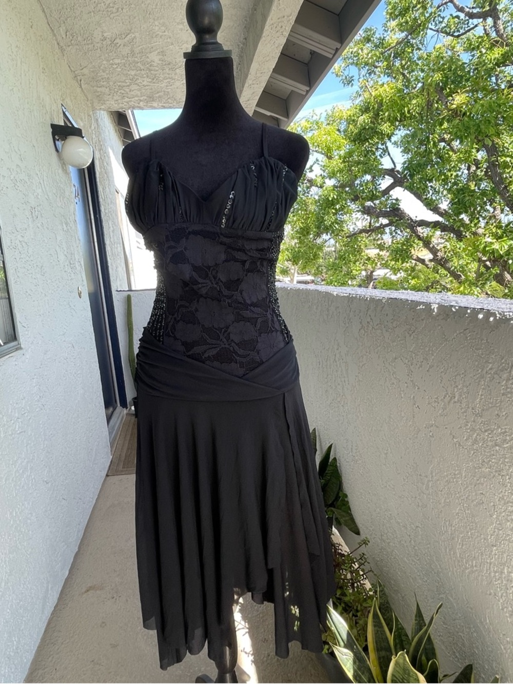 Sisley Black Lace Midi Dress with Draped Skirt